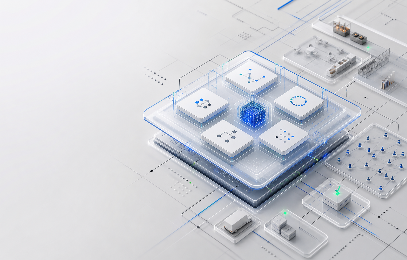 Abstract AX platform roadmap visual with software infrastructure, AI agent layers, foodtech operations, and loyalty data modules.